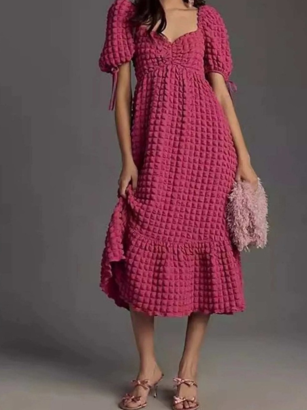 Endless Rose Anthropologie Pink Raspberry Puff-Sleeve Midi Dress Small